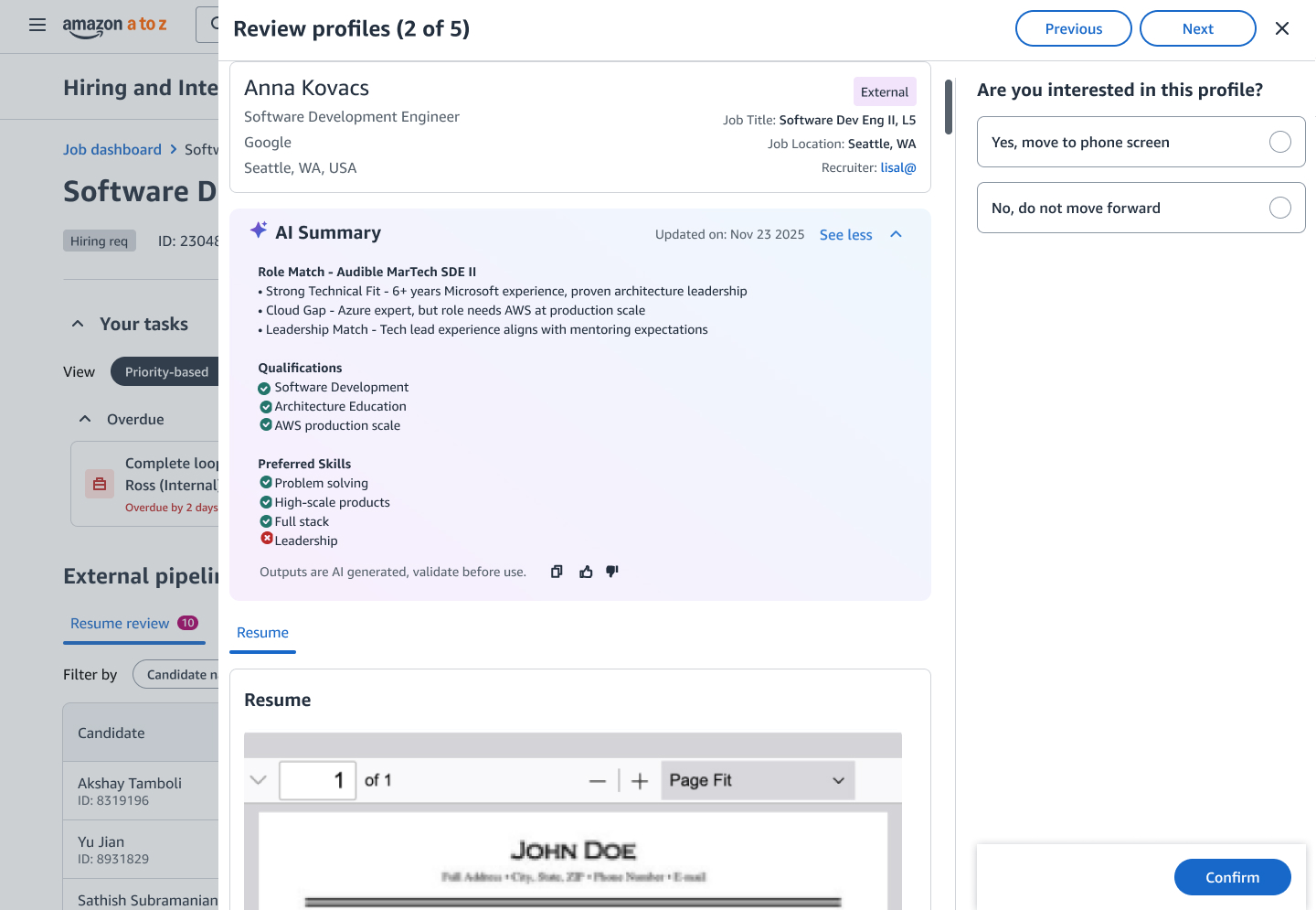 Hiring platform dashboard and workflow screens
