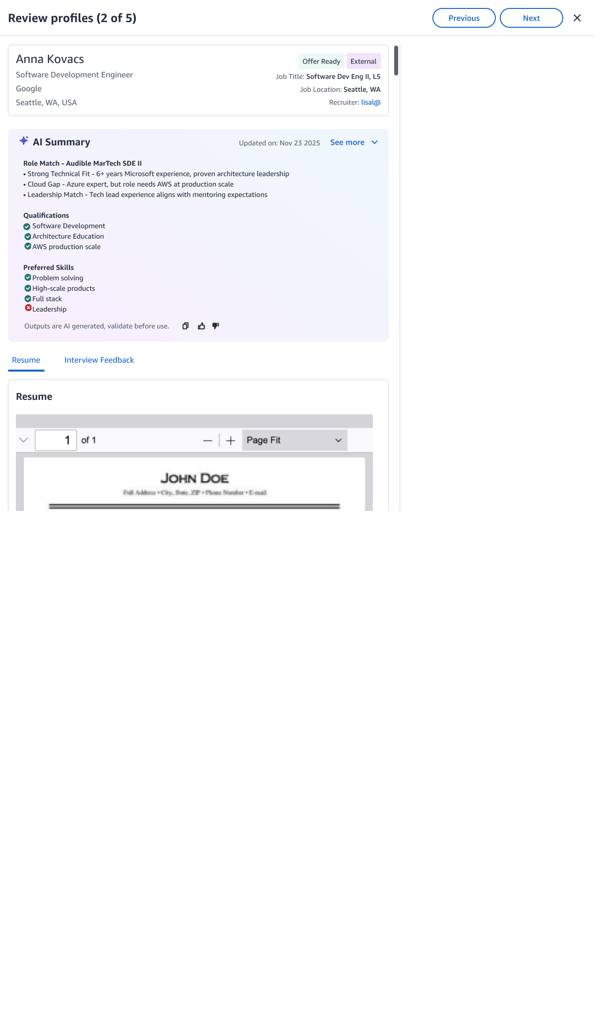 Profile review and candidate evidence screen